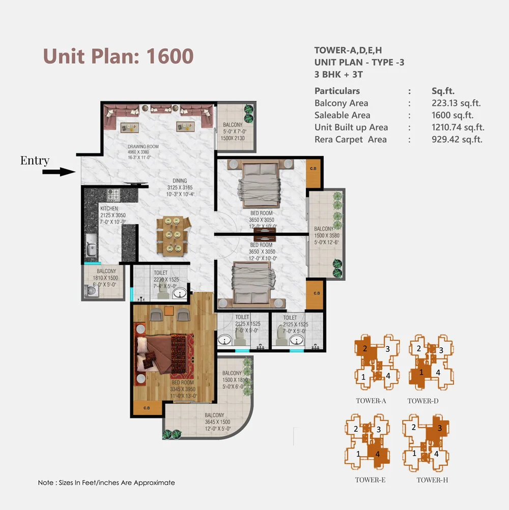 Spring Elmas 3 BHK + Study Floor Plan